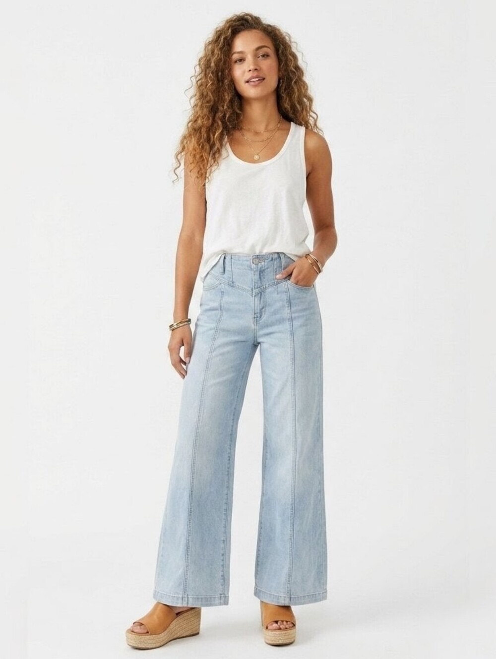 We The Free Free People High Rise Wide Leg Seam Detail Flare Jeans Light Wash 25